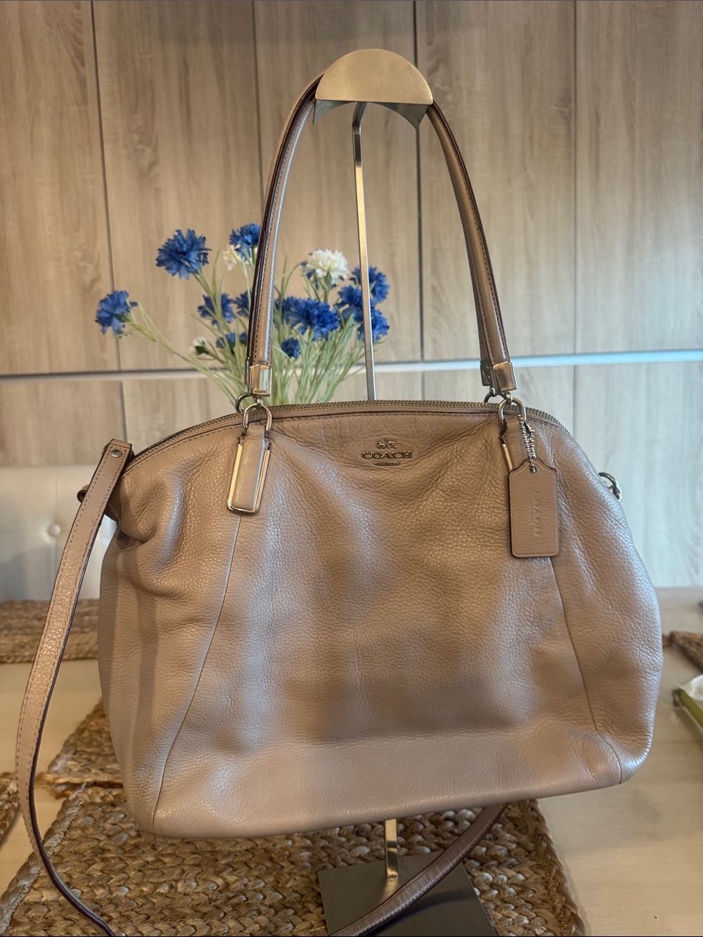 Coach Taupe Pebbled Leather Shoulder Satchel Bag with Strap +Care Booklet